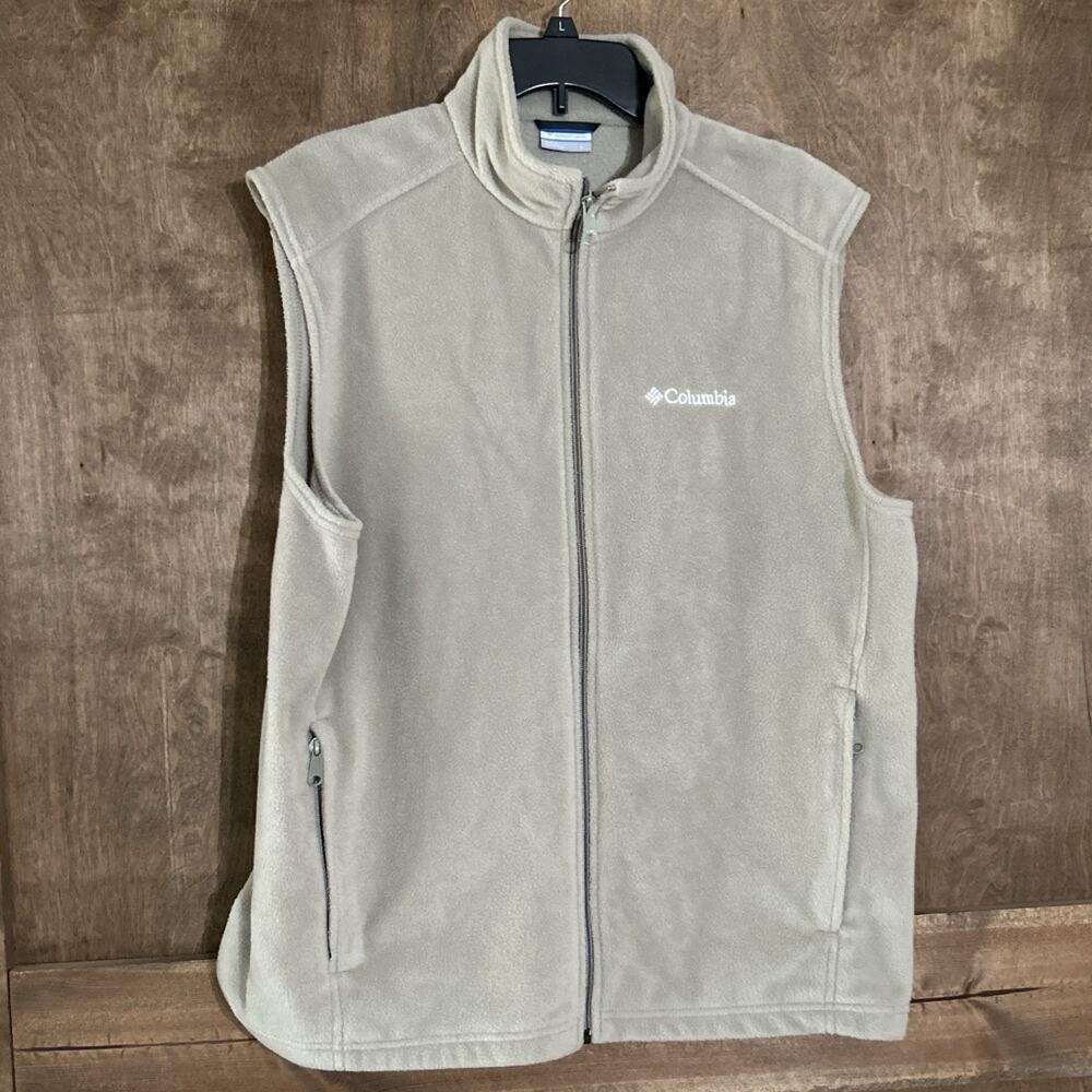 Columbia Men’s Fleece Vest Size L Pockets Full Zip Tan Beige Cozy